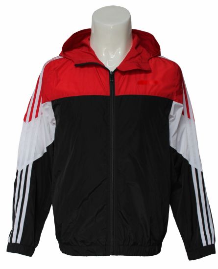 ジップファスナーコート、白赤黒パッチワークフード付きスポーツコート