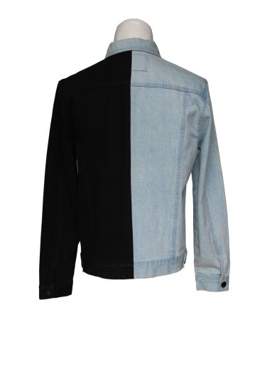繊細なデザインの青と黒のパッチワークメンズデニムジャケット