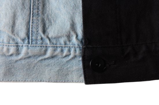 繊細なデザインの青と黒のパッチワークメンズデニムジャケット